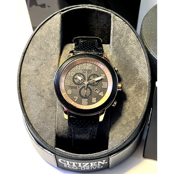 Citizen Eco Drive Chronograph Model WR100 Black Leather Strap Rose Gold Accent - Picture 1 of 14